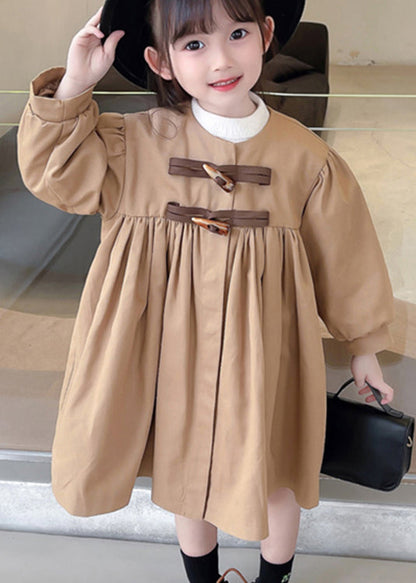 Classy Khaki Wrinkled Button Bow Patchwork Cotton Baby Trench Fall
