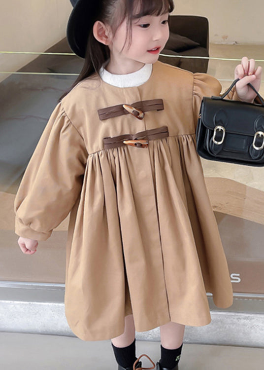 Classy Khaki Wrinkled Button Bow Patchwork Cotton Baby Trench Fall