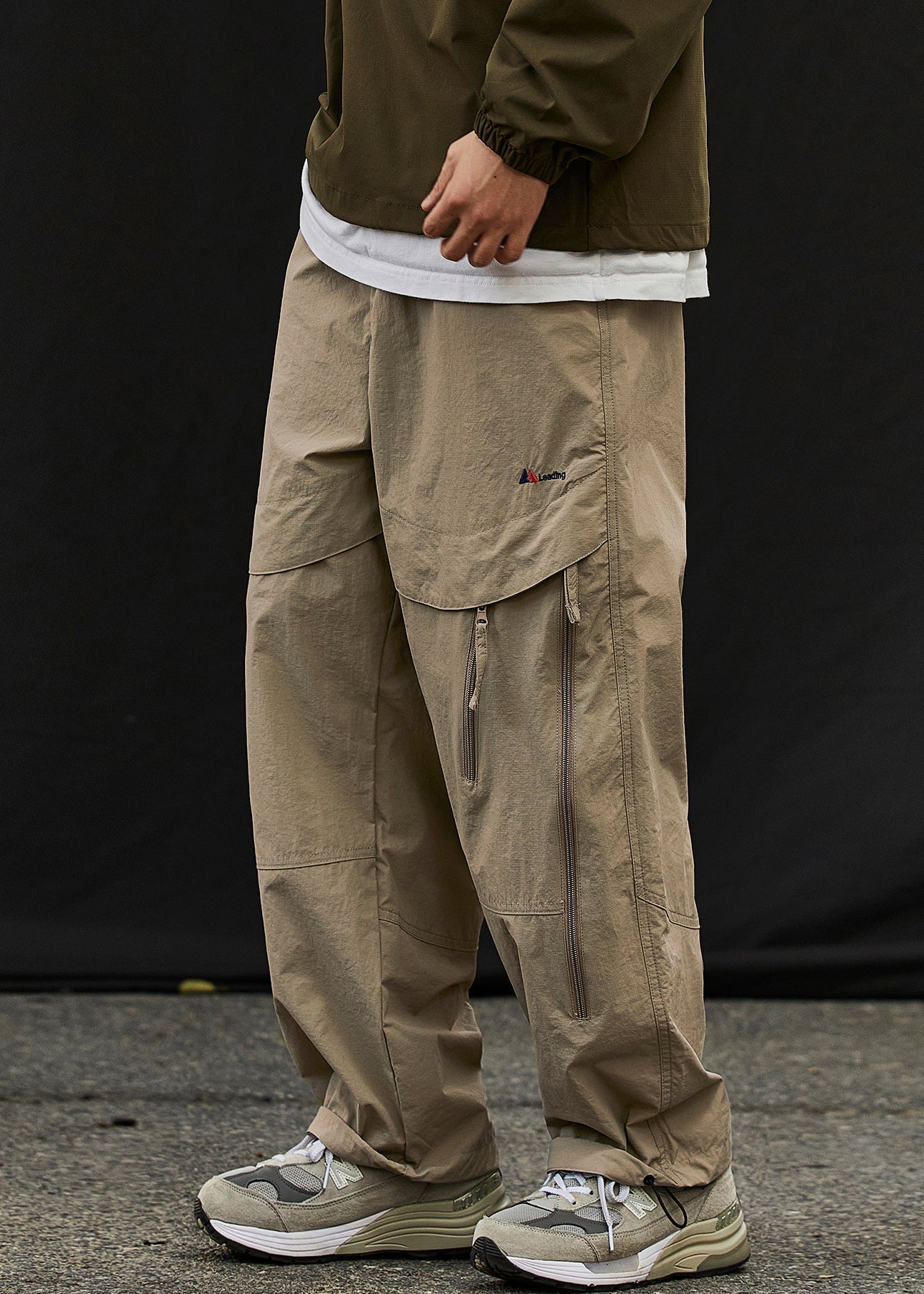 Classy Khaki Zip Up Elastic Waist Patchwork Cotton Beam Pants Spring