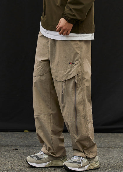 Classy Khaki Zip Up Elastic Waist Patchwork Cotton Beam Pants Spring