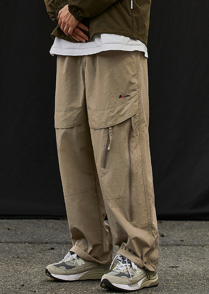 Classy Khaki Zip Up Elastic Waist Patchwork Cotton Beam Pants Spring