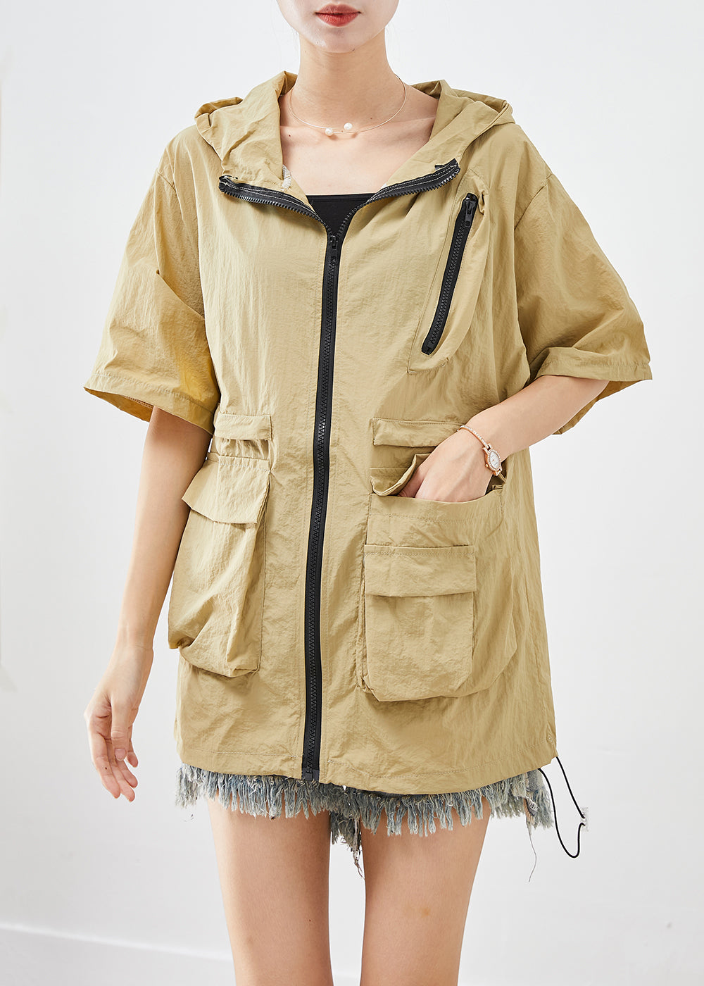 Classy Khaki Zip Up Pockets Upf 50+ Coat Jacket Summer