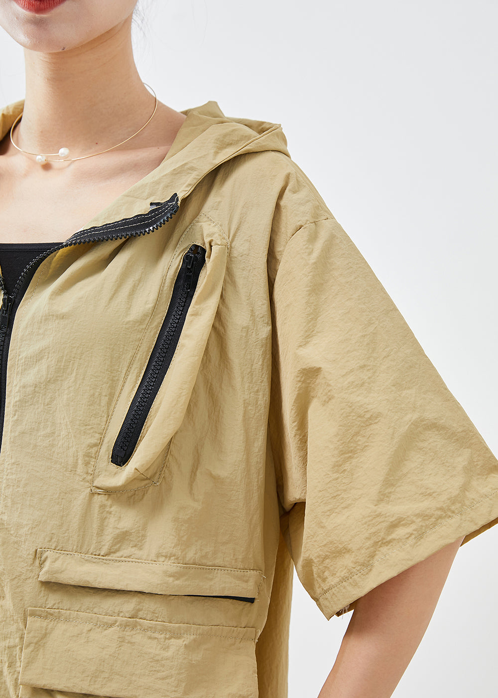 Classy Khaki Zip Up Pockets Upf 50+ Coat Jacket Summer