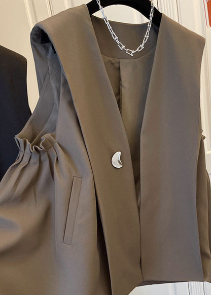 Classy Khaki Pleated Pockets Fall Sleeveless Waistcoat