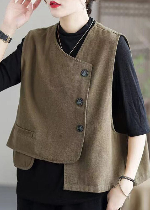 Classy Khaki Retro Button Asymmetrical Design Fall Vest