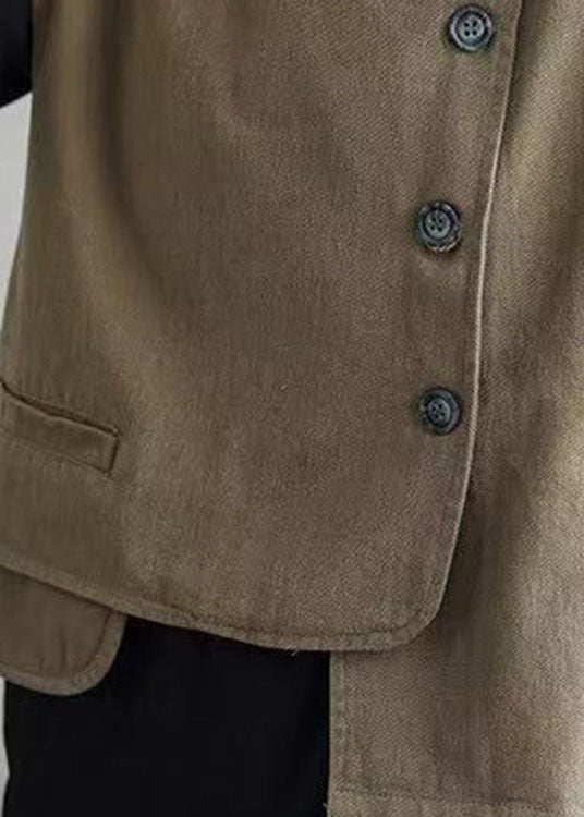 Classy Khaki Retro Button Asymmetrical Design Fall Vest