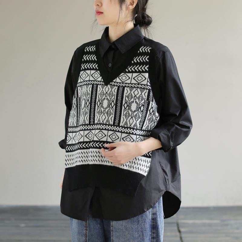 Classy Lapel Patchwork Knit Fabric Spring Black Blouse