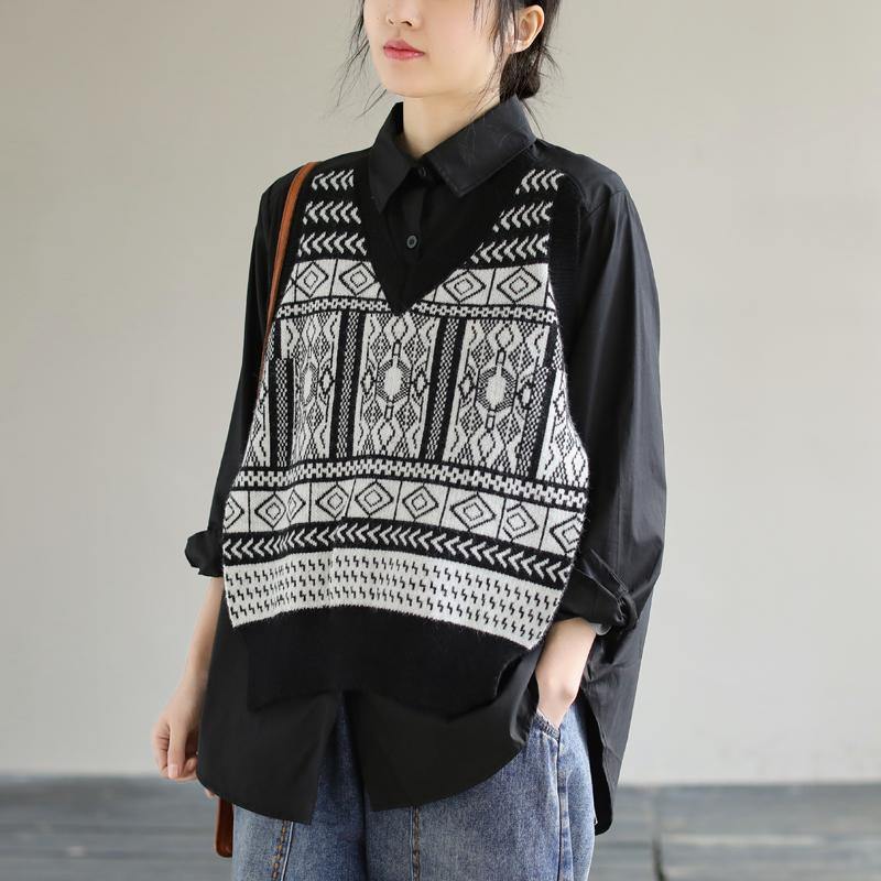Classy Lapel Patchwork Knit Fabric Spring Black Blouse