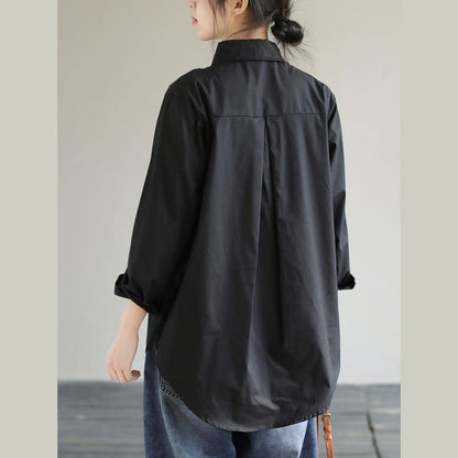 Classy Lapel Patchwork Knit Fabric Spring Black Blouse