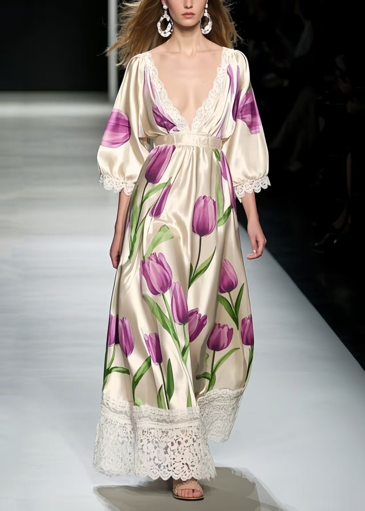 Classy Lavender Patchwork Lace Silk Maxi Dress Summer