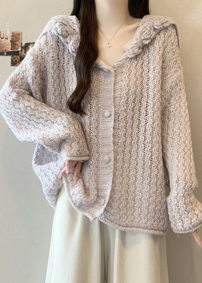 Classy Lavender Sailor Collar Knit Cardigan Fall