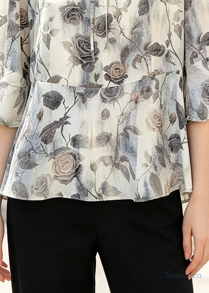Classy Light Grey Print Silk Shirt Flare Sleeve