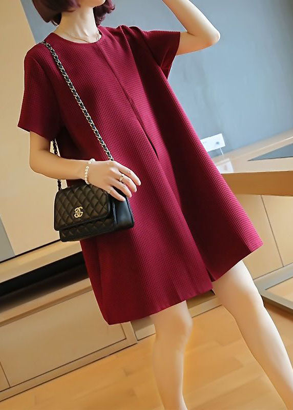 Classy Mulberry O-neck Wrinkled Cotton Mini Dress Summer