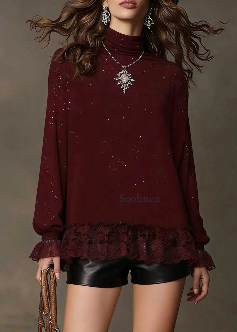Classy Mulberry Sequins Patchwork Lace Knit Top Spring