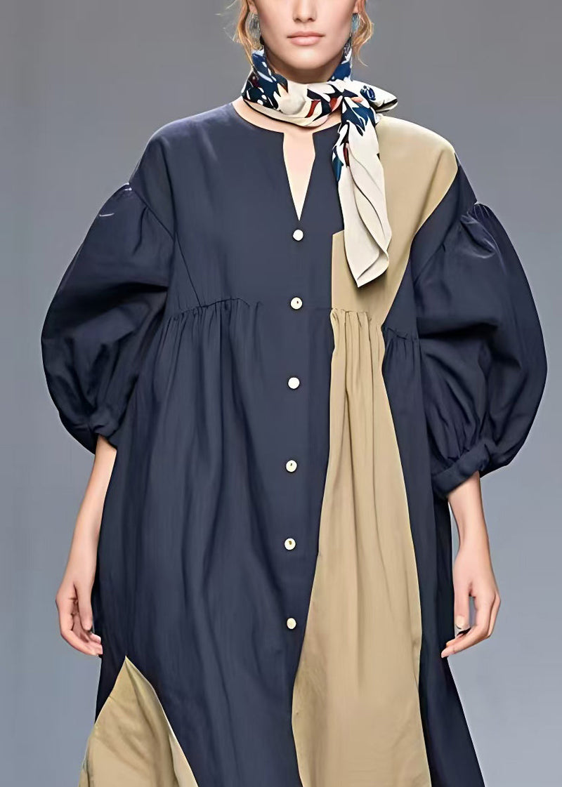 Classy Navy O-neck Patchwork Cotton Dress Half Sleeve
