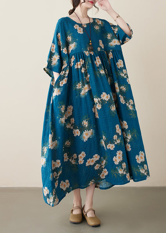 Classy Navy O-neck Patchwork Wrinkled Party Maxi Dress Summer