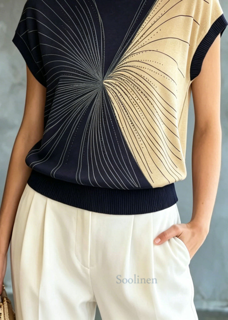 Classy Navy O Neck Zircon Ice Silk Knit Tops Summer