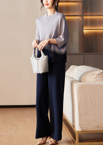 Classy Navy Tops and Pants Ice Silk Two Pieces Set Spring