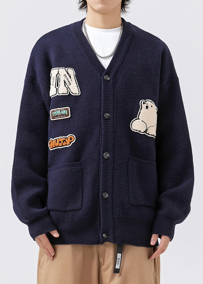 Classy Navy V Neck Pockets Applique Knit Coats Spring