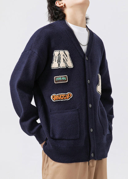 Classy Navy V Neck Pockets Applique Knit Coats Spring