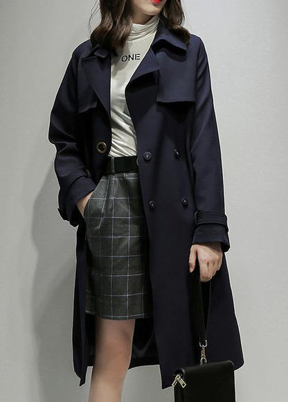 Classy Notched Double Breast Trench Coat Navy Silhouette Outwear