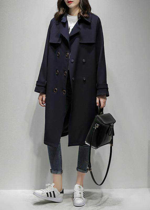 Classy Notched Double Breast Trench Coat Navy Silhouette Outwear