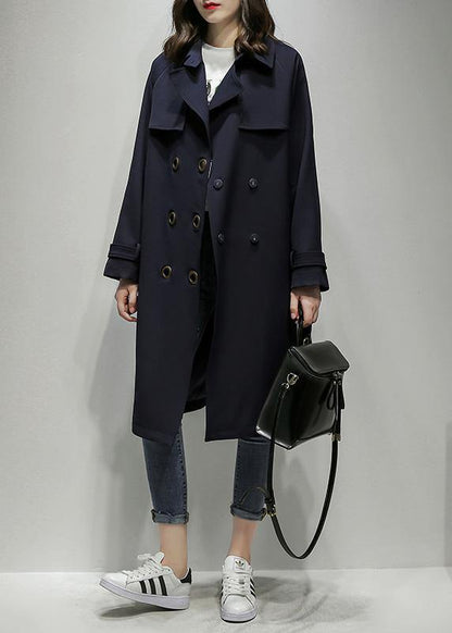 Classy Notched Double Breast Trench Coat Navy Silhouette Outwear