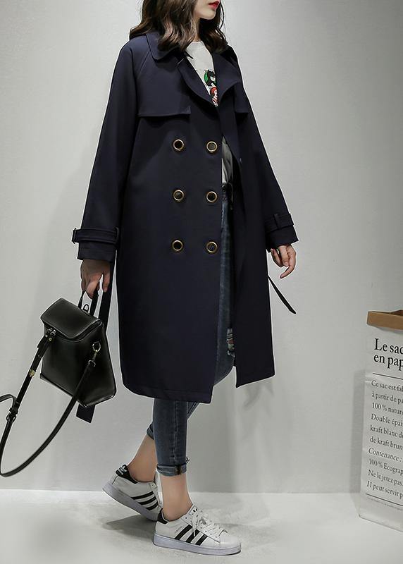 Classy Notched Double Breast Trench Coat Navy Silhouette Outwear