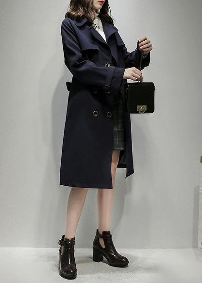 Classy Notched Double Breast Trench Coat Navy Silhouette Outwear