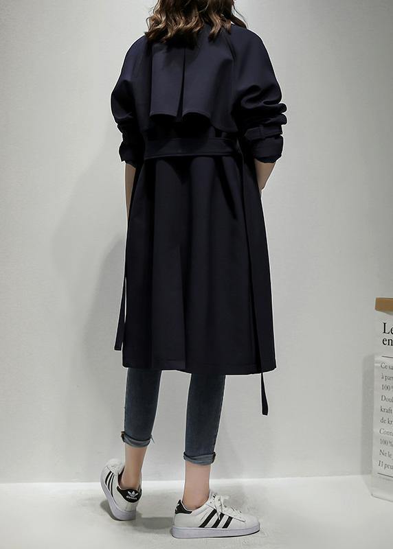 Classy Notched Double Breast Trench Coat Navy Silhouette Outwear