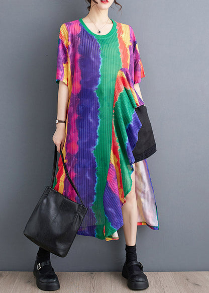 Classy O-neck Asymmetrical Patchwork Print Maxi Dress Short Sleeve