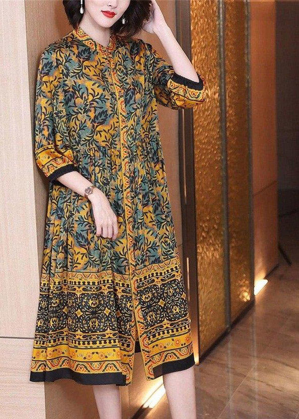 Classy O-neck Print Button Wrinkled Silk Dress Long Sleeve