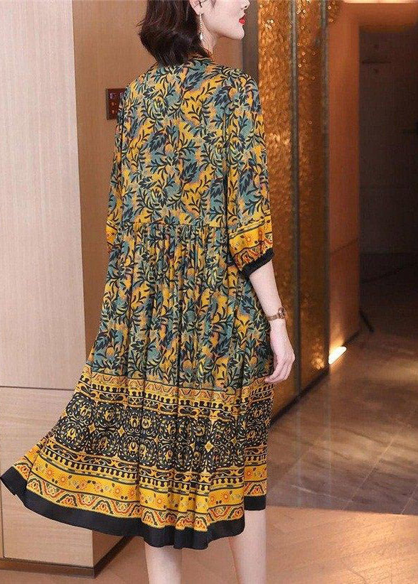Classy O-neck Print Button Wrinkled Silk Dress Long Sleeve