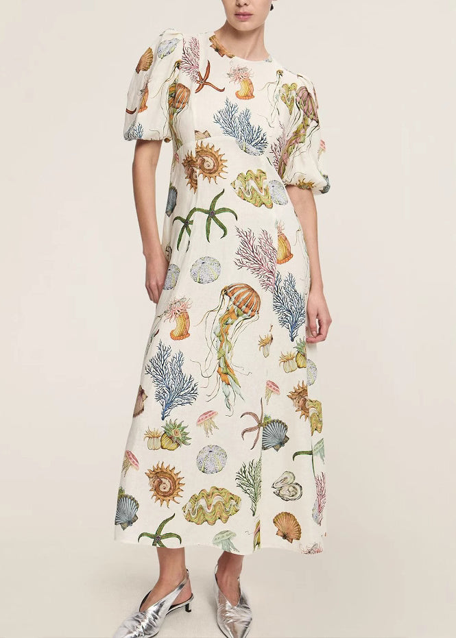 Classy O-neck Print Tunic Long Dress Short Sleeve