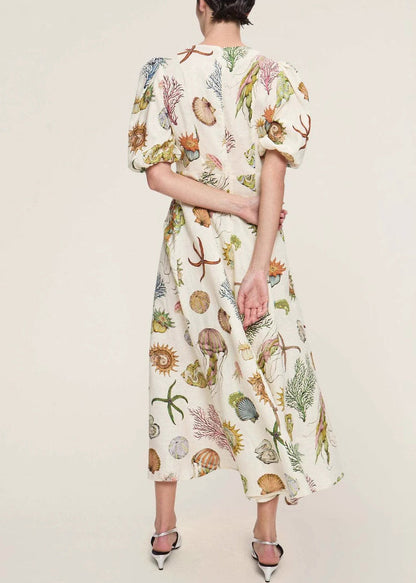 Classy O-neck Print Tunic Long Dress Short Sleeve