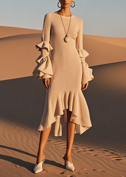 Classy O-neck Ruffled Patchwork Knit Dress Spring