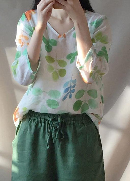 Classy O neck Blouses For Women Shape Green Leaf Print Shirts