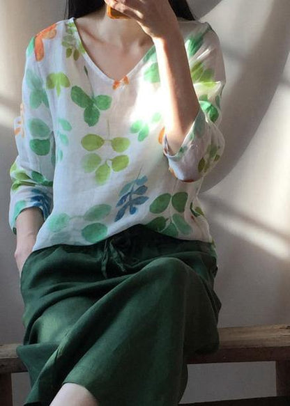 Classy O neck Blouses For Women Shape Green Leaf Print Shirts