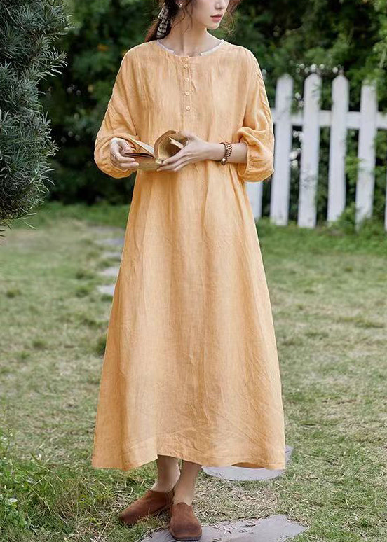 Classy Orange O-neck Button Pockets Cotton Dress Spring