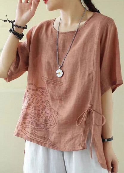 Classy Orange O-neck Embroideried Drawstring Low High Design Cotton Tops Short Sleeve