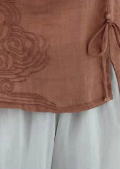 Classy Orange O-neck Embroideried Drawstring Low High Design Cotton Tops Short Sleeve