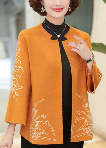 Classy Orange O-neck Embroideried Nail Bead Woolen Cardigan Long Sleeve