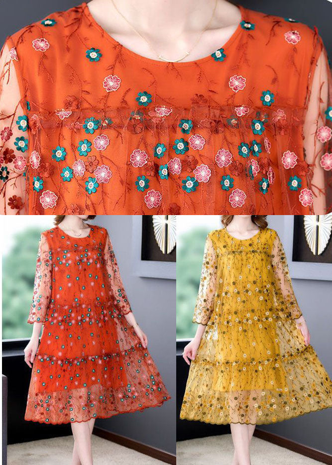 Classy Orange O-neck Embroideried Tulle Vacation Dresses Bracelet Sleeve