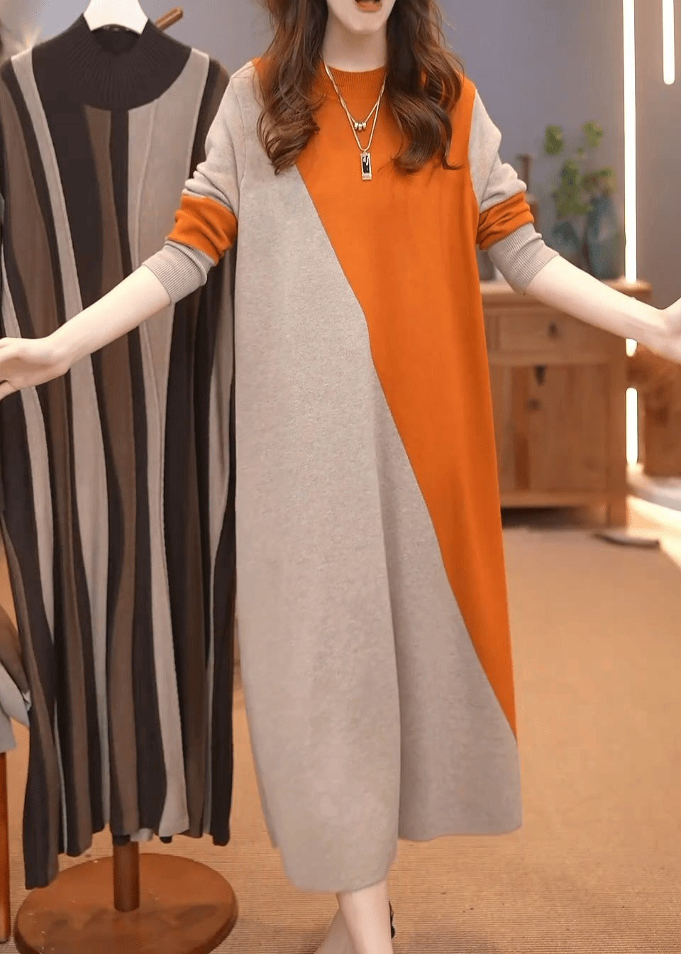 Classy Orange O-neck Patchwork Cotton Knit Sweater Dress Winter