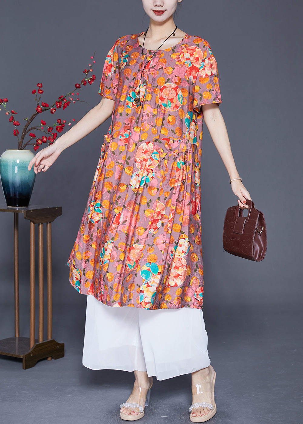 Classy Orange O-neck Print Linen Long Dress Summer