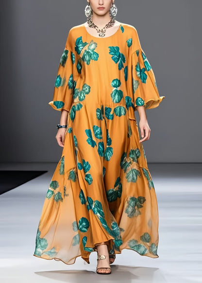 Classy Orange Oversized Print Chiffon Ankle Dress Spring