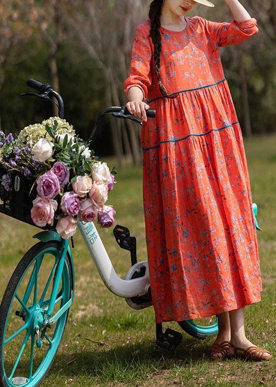 Classy Orange Print Linen O-neck Long Sleeve Summer Dress