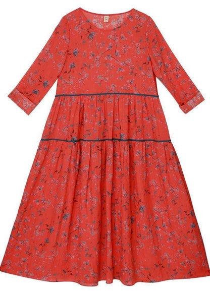 Classy Orange Print Linen O-neck Long Sleeve Summer Dress