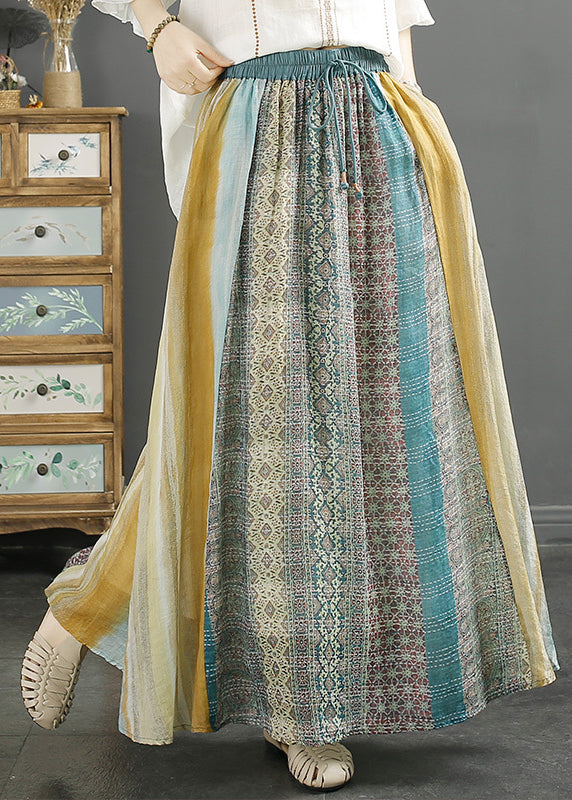 Classy Blue Print Patchwork Linen a Line Skirt Spring