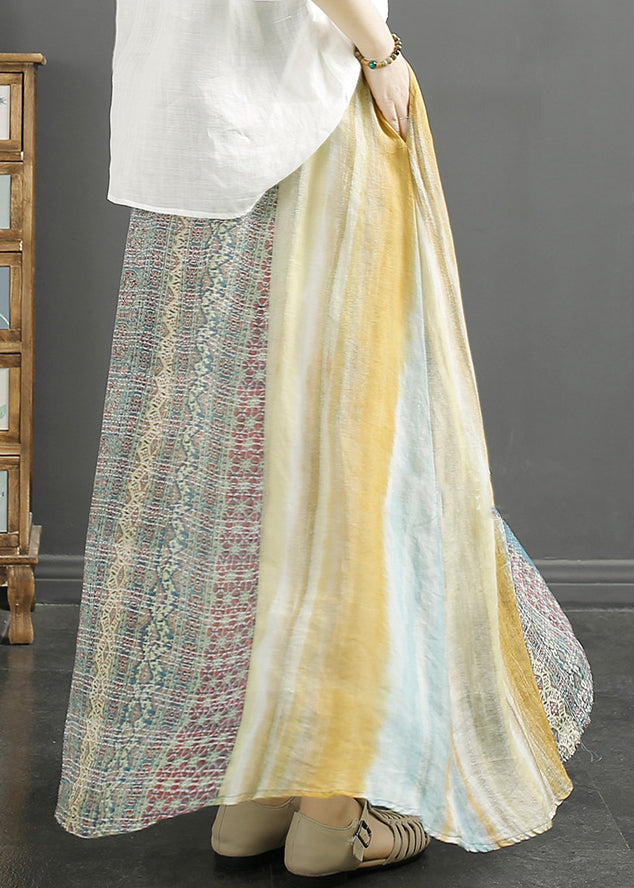 Classy Blue Print Patchwork Linen a Line Skirt Spring